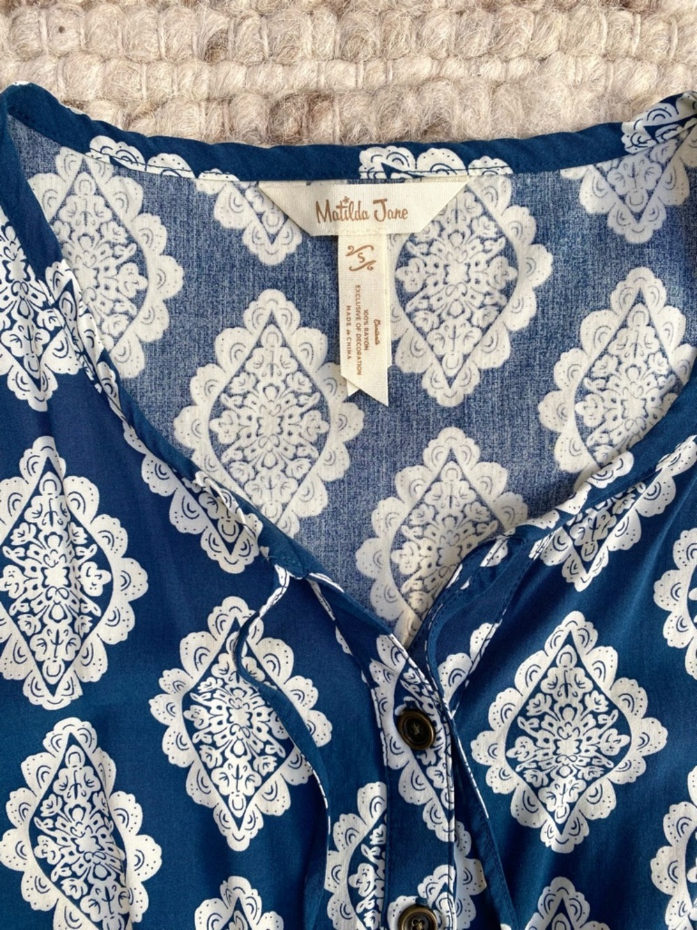 Matilda Jane Blue White Tile Print Tassel Pocket Romper, Size S - Picture 5 of 10